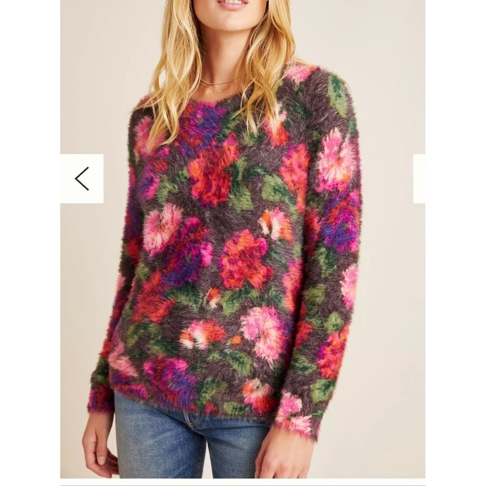 Anthropologie Meadow Rue Ariel Eyelash Floral‎ Sweater Medium Fuzzy Pink S